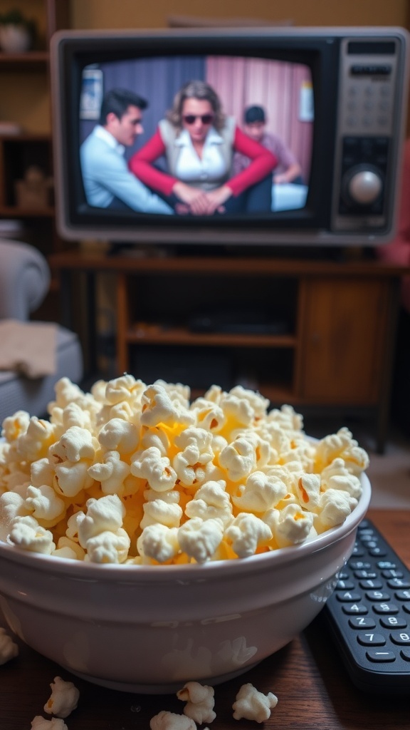 A bowl of golden microwave popcorn with salt, surrounded by a cozy living room setting.